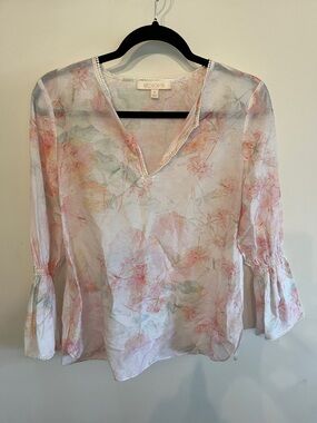 Etcetera Sheer Pastel Floral V-Neck Blouse in Pink, Green, Cream